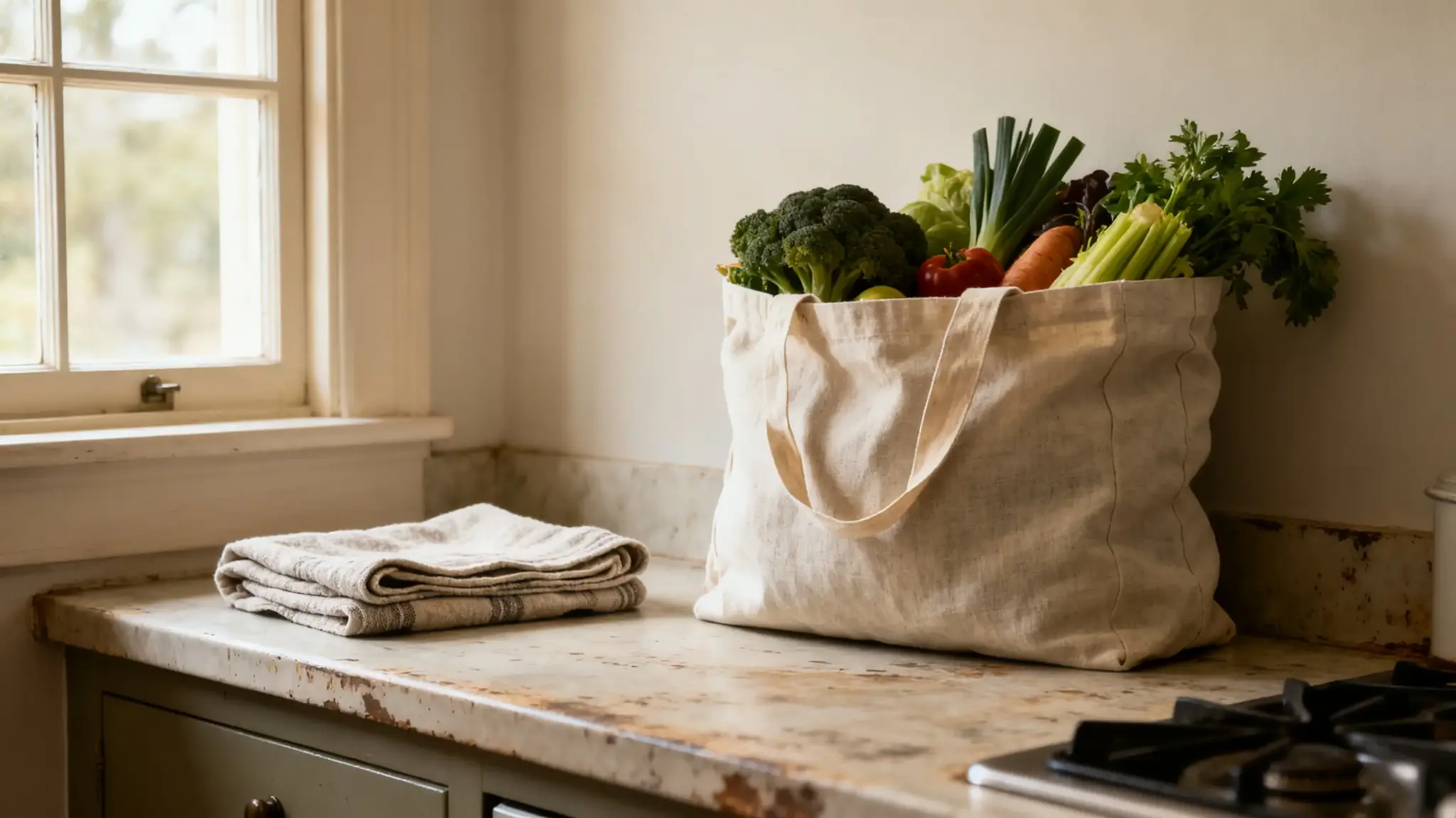 Reusable canvas bag filled with fresh vegetables on rustic kitchen countertop near window