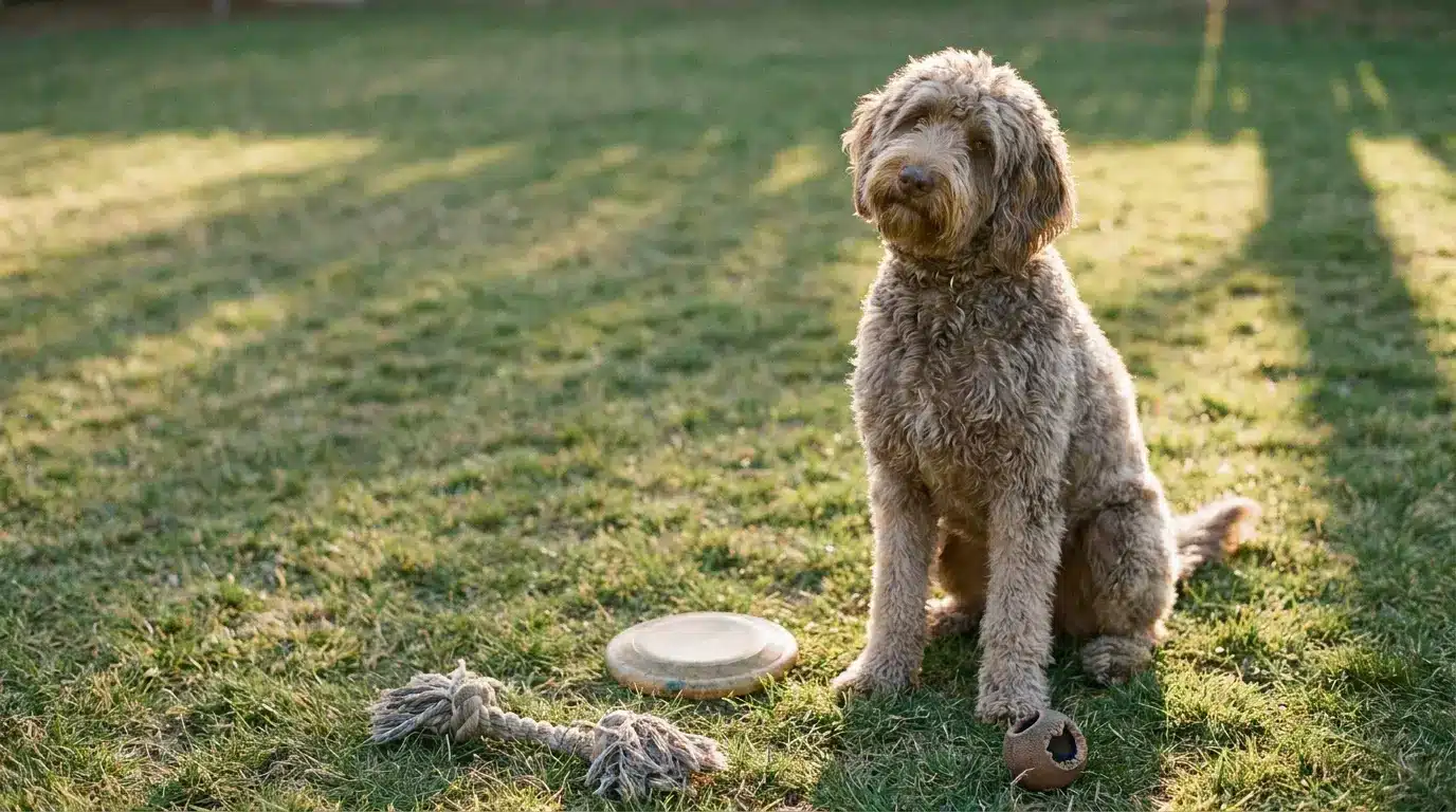Shaggy dog sitting on grass with frisbee, rope toy, and ball in sunlight