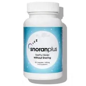 White bottle of snoranplus supplement with blue label on white background