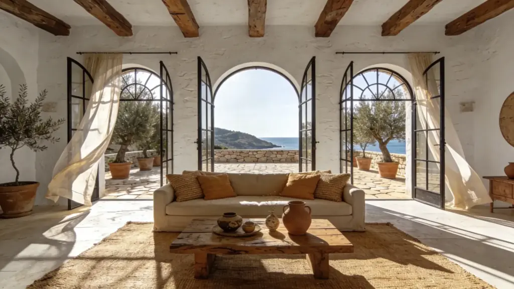 sophisticated modern medierranean living room featuring a low-profile linen sofa in warm beige piled with woven textured cushions, centered on a rustic natural jute rug