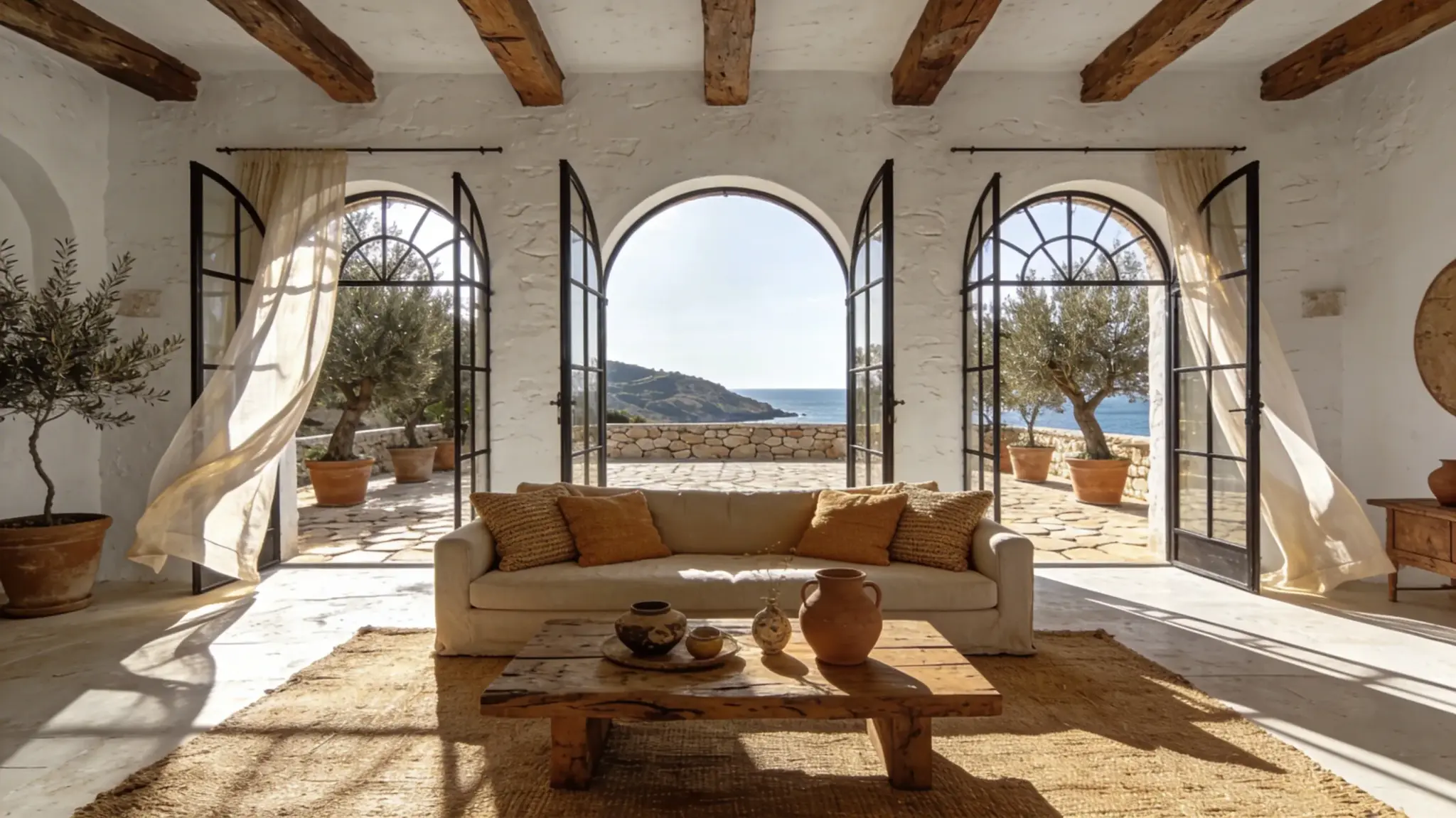sophisticated modern medierranean living room featuring a low-profile linen sofa in warm beige piled with woven textured cushions, centered on a rustic natural jute rug