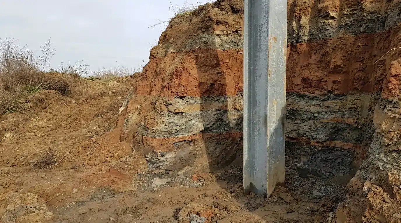 Steel support beam embedded in rocky layered terrain under overcast sky