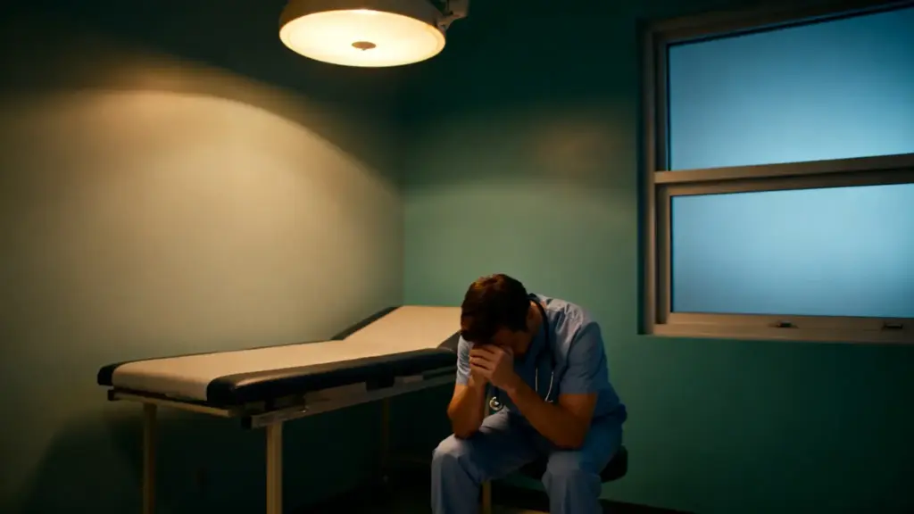 Doctor in blue scrubs sitting in a dimly lit examination room looking stressed