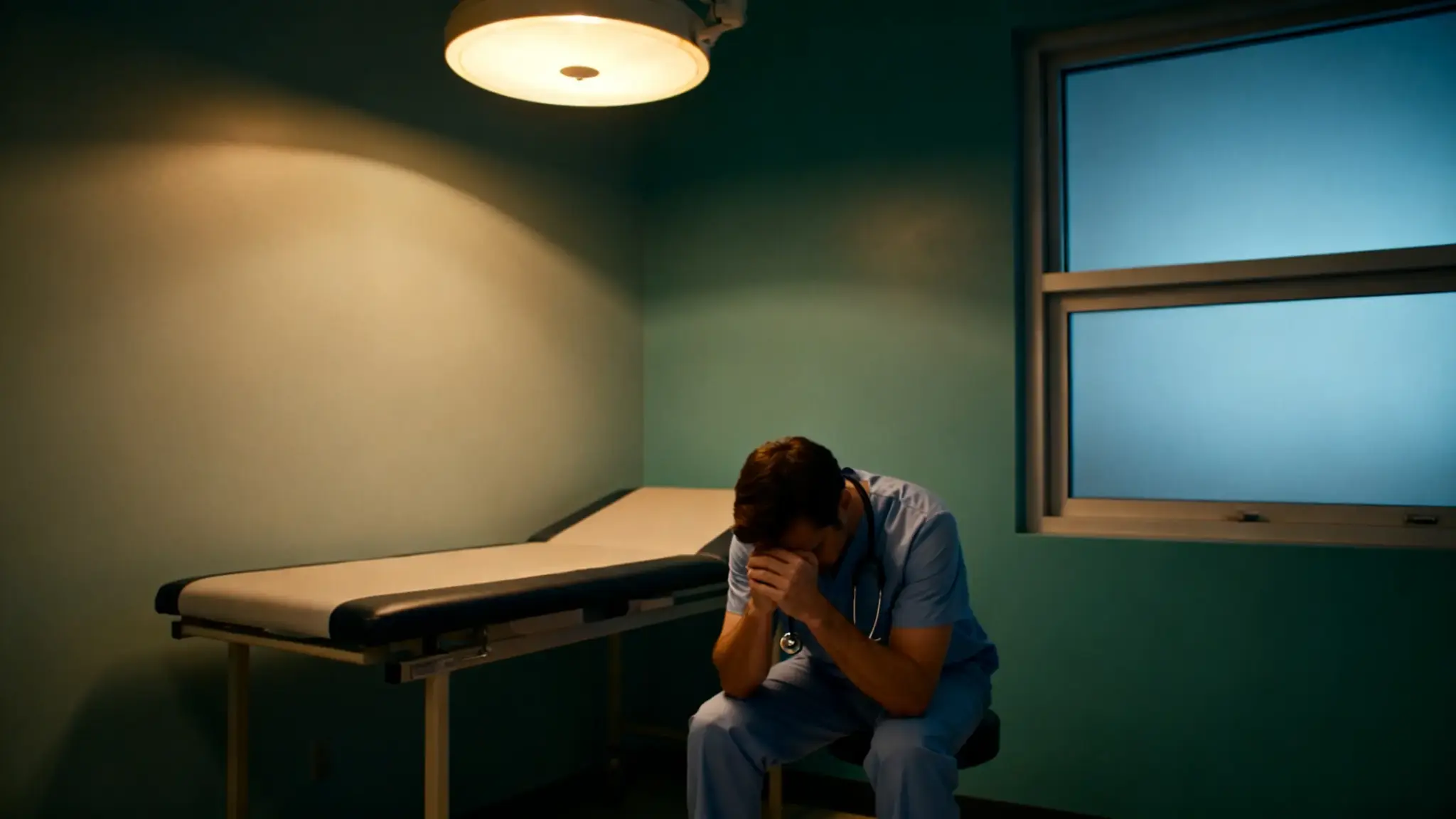 Doctor in blue scrubs sitting in a dimly lit examination room looking stressed