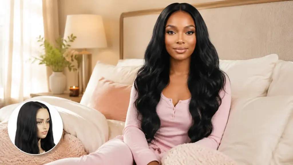 Woman in pink loungewear sitting on a bed with soft lighting and cozy decor