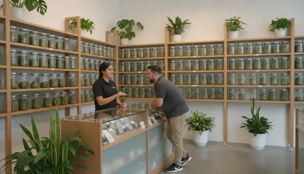 Store employee talking with customer near glass display case in dispensary filled with cannabis jars
