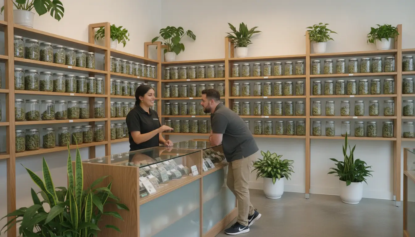 Store employee talking with customer near glass display case in dispensary filled with cannabis jars