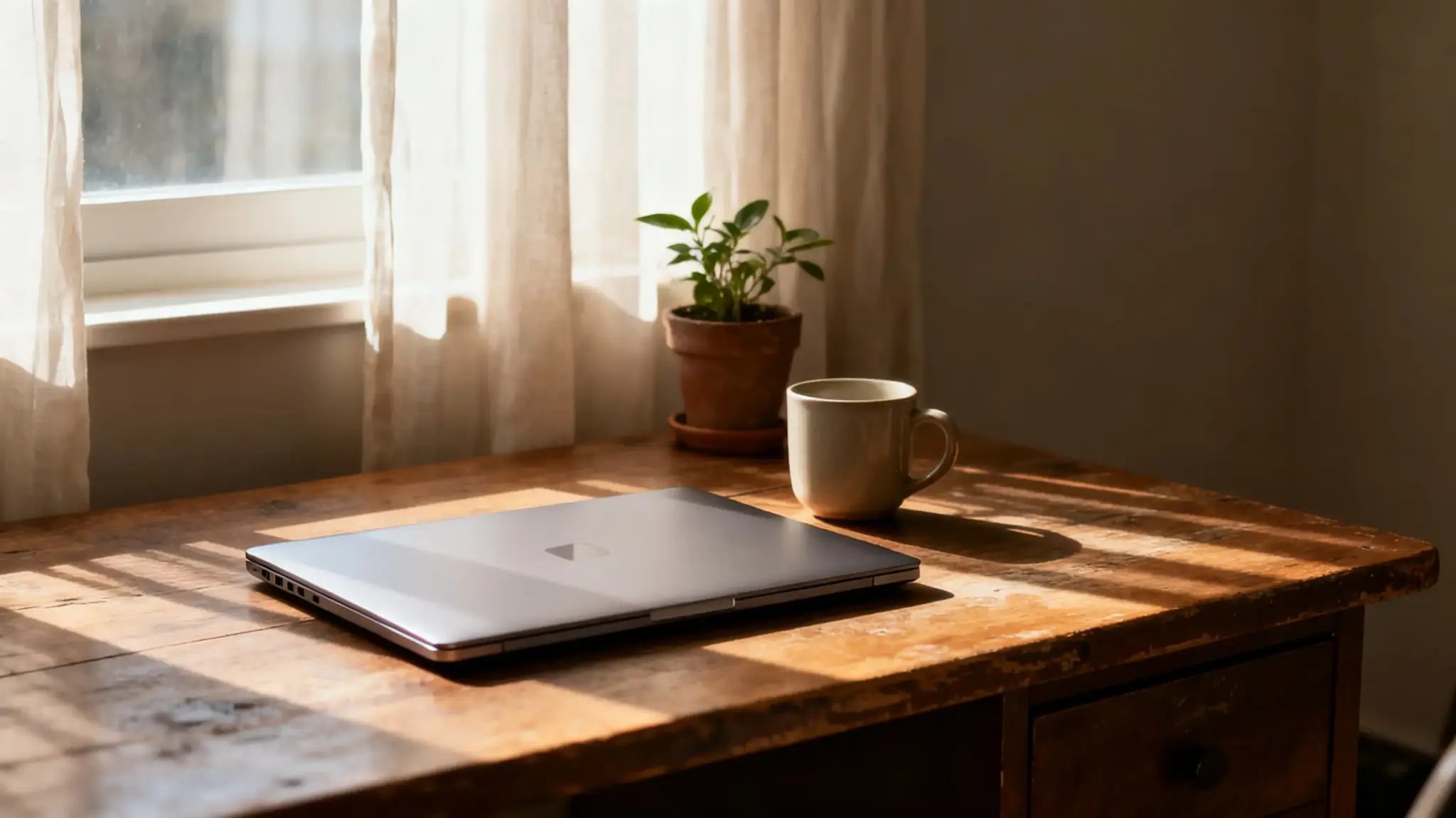 Laptop, mug, and potted plant on wooden desk in sunlit room