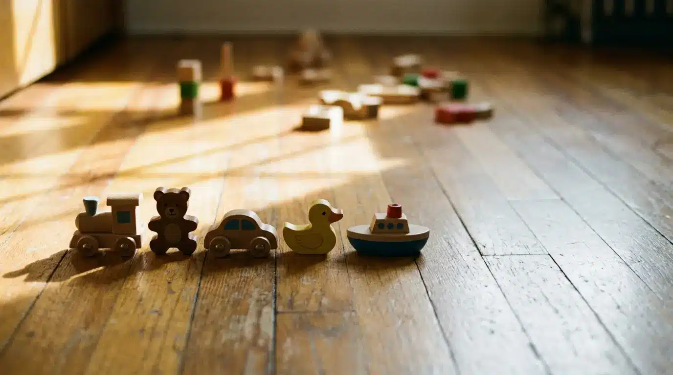 Wooden toy figures including train, bear, car, duck, and boat on sunlit wooden floor