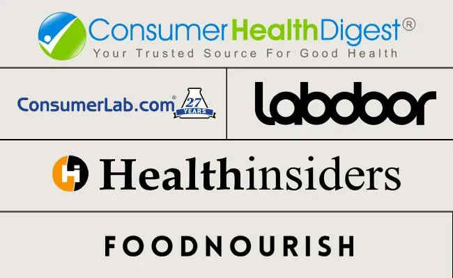 Logos of Consumer Health Digest, ConsumerLab, Labdoor, Health Insiders, and Food Nourish on beige background