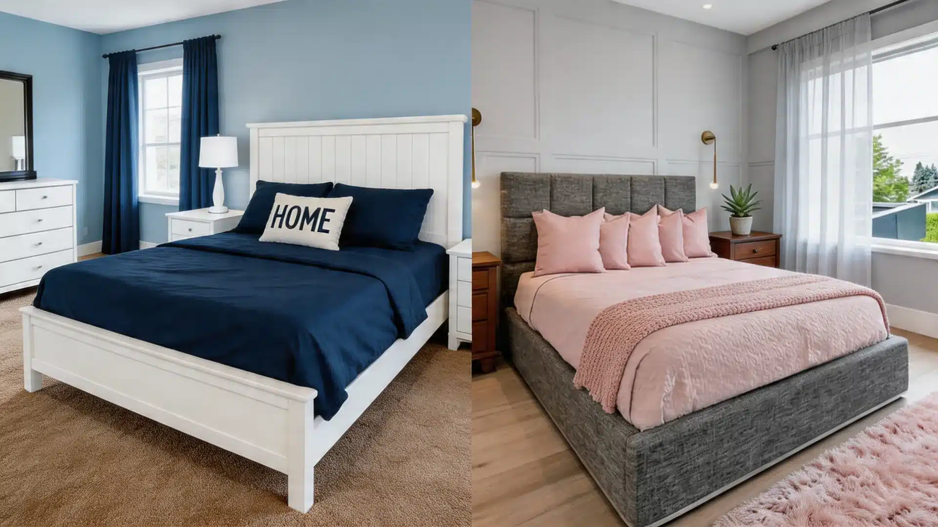 two bedrooms side by side, a navy blue coastal bedroom with white wood furniture and a modern pink and grey bedroom