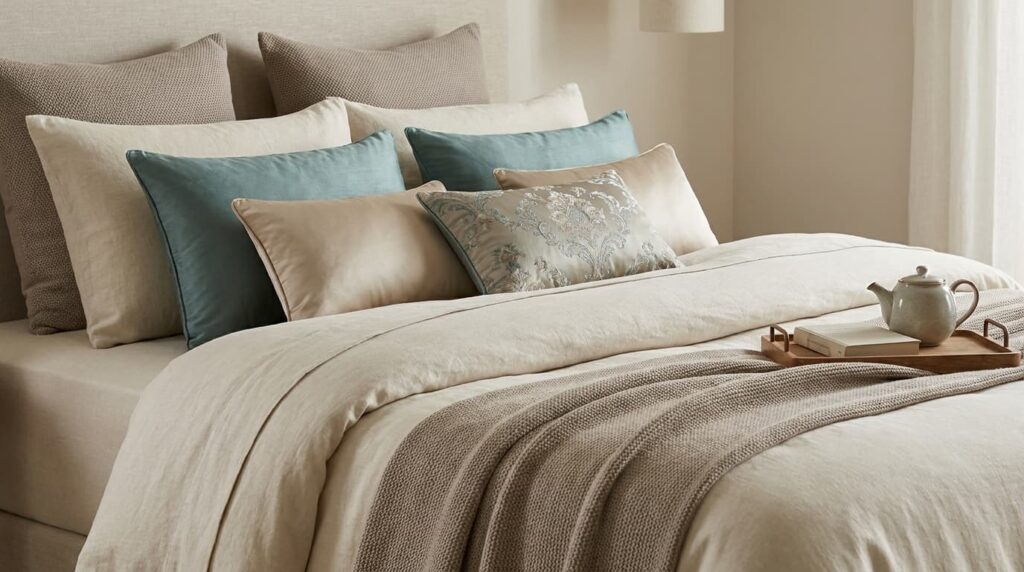 small boudoir shams at bed foot with coordinating colors for a boutique hotel look