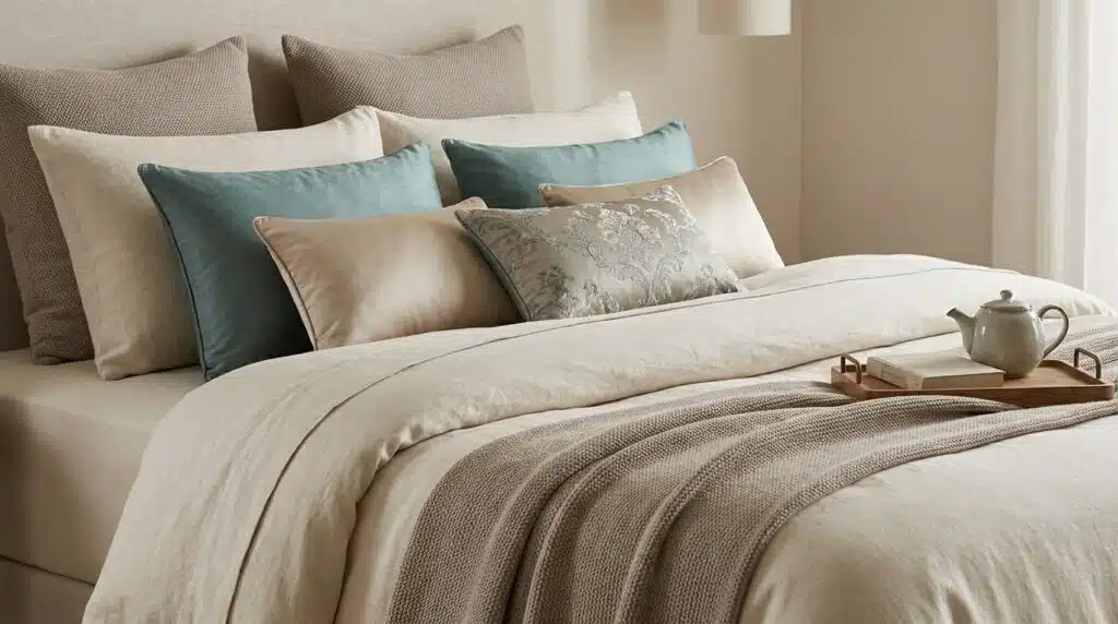 small boudoir shams at bed foot with coordinating colors for a boutique hotel look