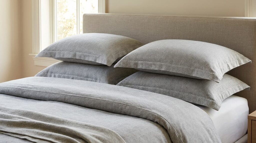 standard pillow shams neatly stacked against headboard with subtle patterns and soft cotton