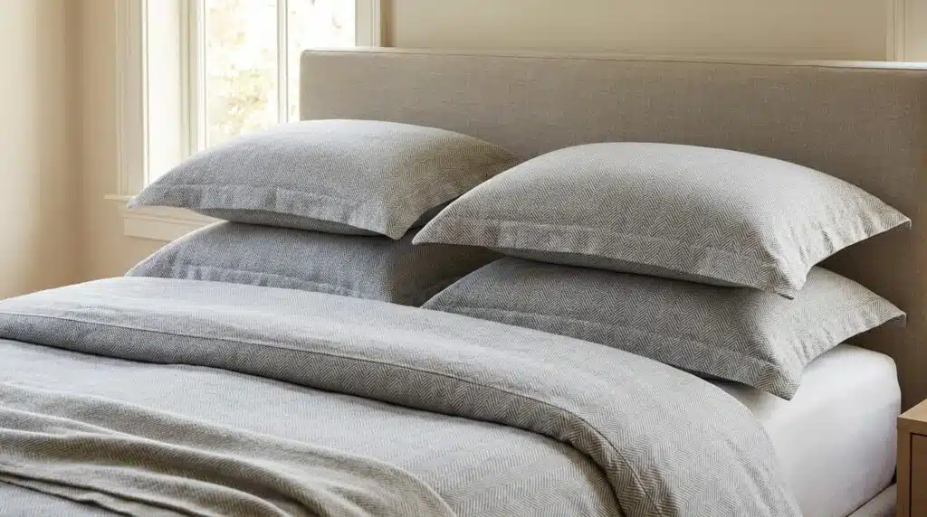 standard pillow shams neatly stacked against headboard with subtle patterns and soft cotton