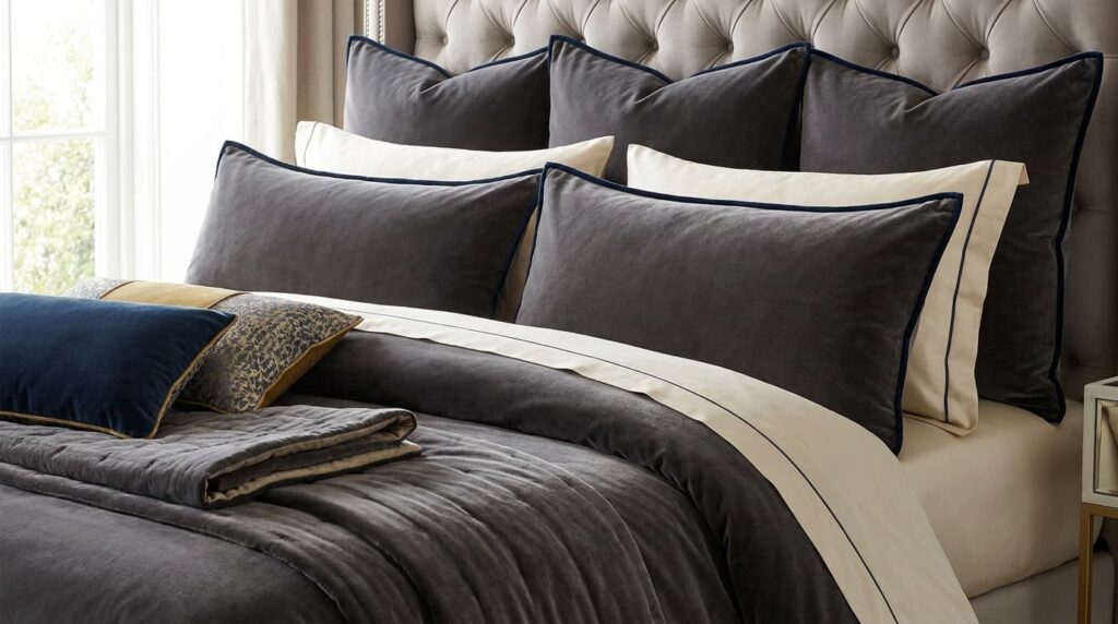 king shams with decorative piping in front of euro shams on a layered king bed setup