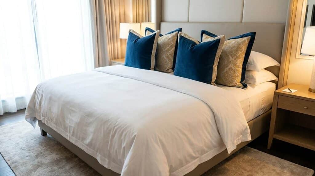 large square euro shams in velvet and jacquard fabrics propped on queen bed for style