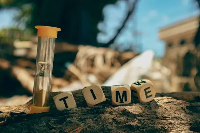 Hourglass and alphabet blocks spelling "TIME" on a tree stump in sunlight