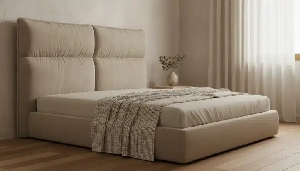 Beige upholstered bed with knitted throw in minimal bedroom with natural wood flooring