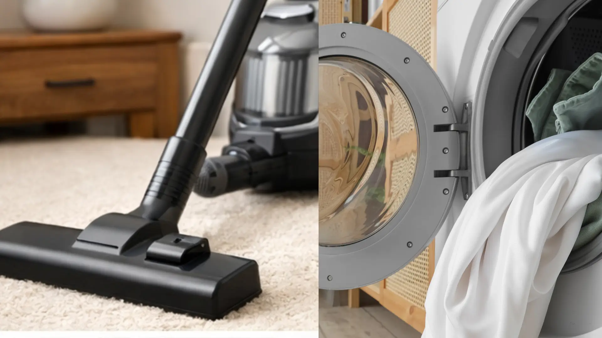 vacuum cleaning carpet and washing bedding in machine, showing simple steps to remove dust, allergens, and improve bedroom air quality