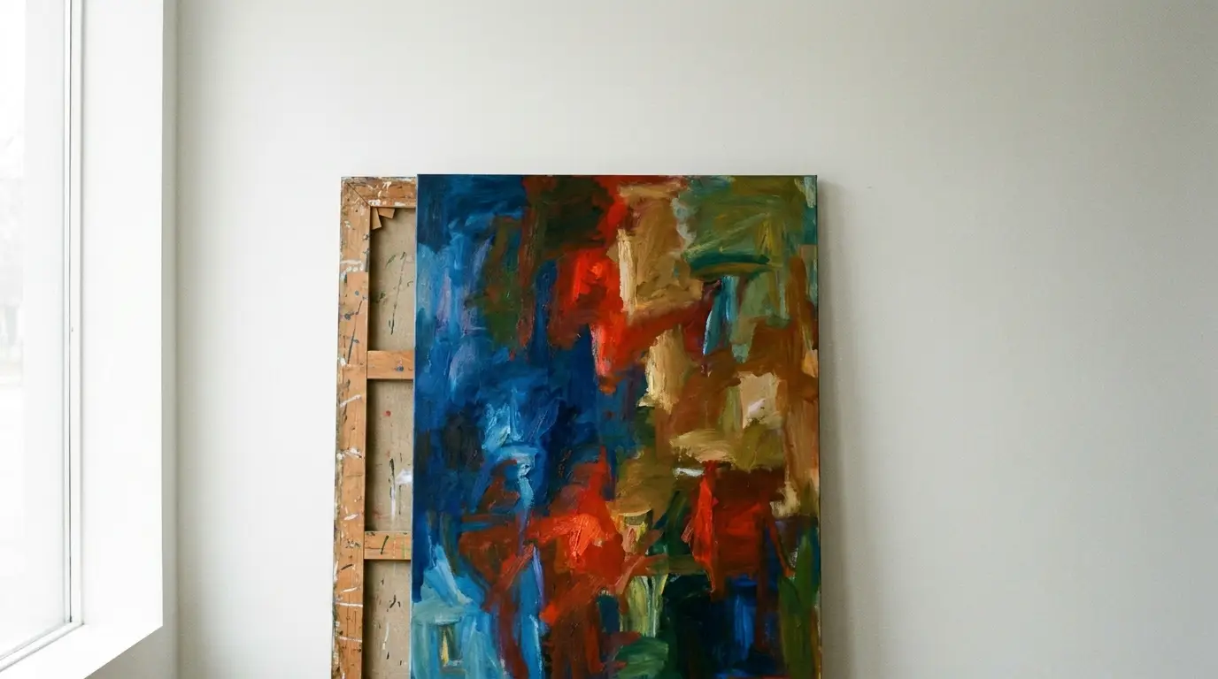 Abstract painting with vibrant blue, red, and green hues leaning against a white wall