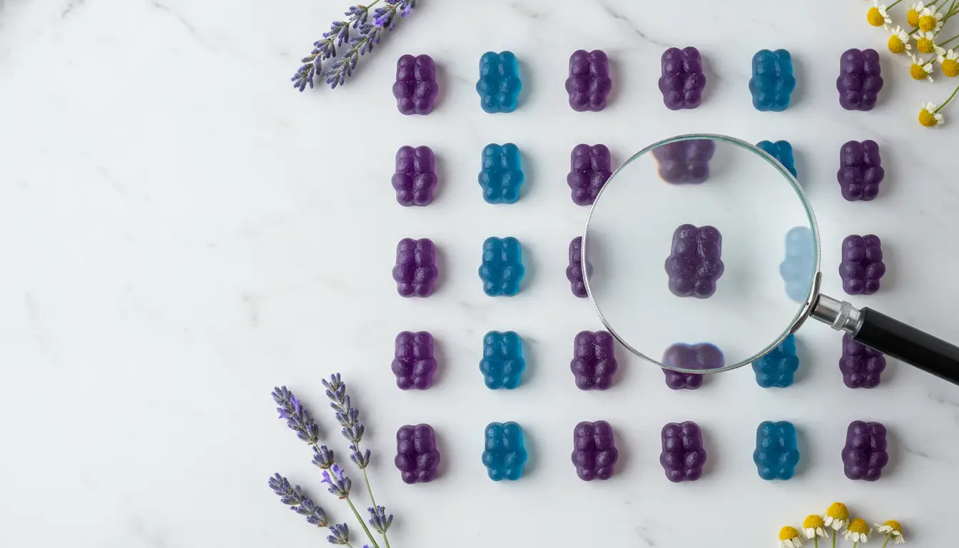 Purple and blue gummy bears arranged on marble surface with magnifying glass and lavender flowers
