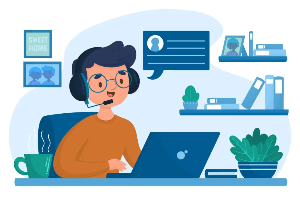 Young person with headset using laptop in a home office with plants and books on shelves