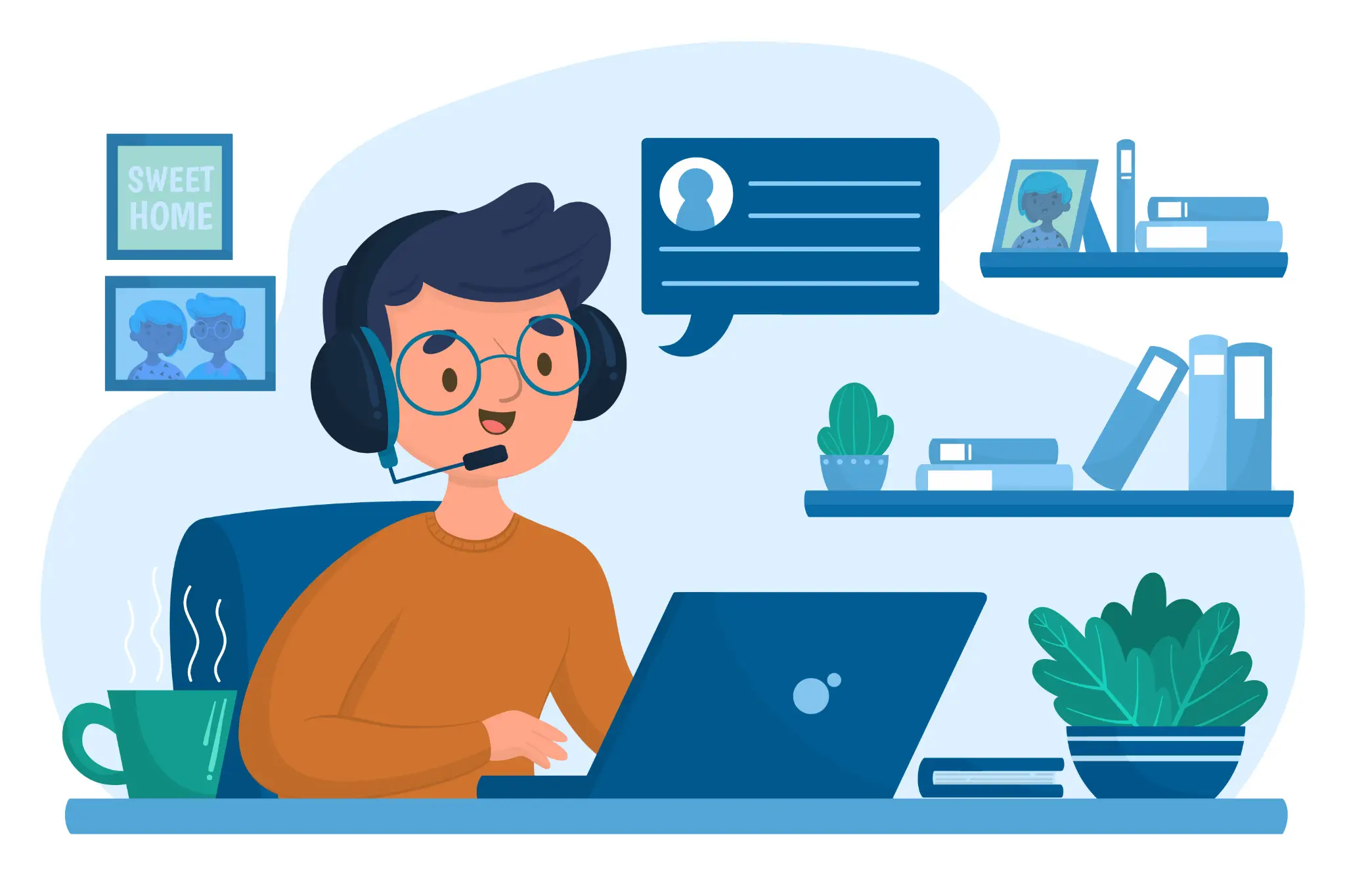 Young person with headset using laptop in a home office with plants and books on shelves