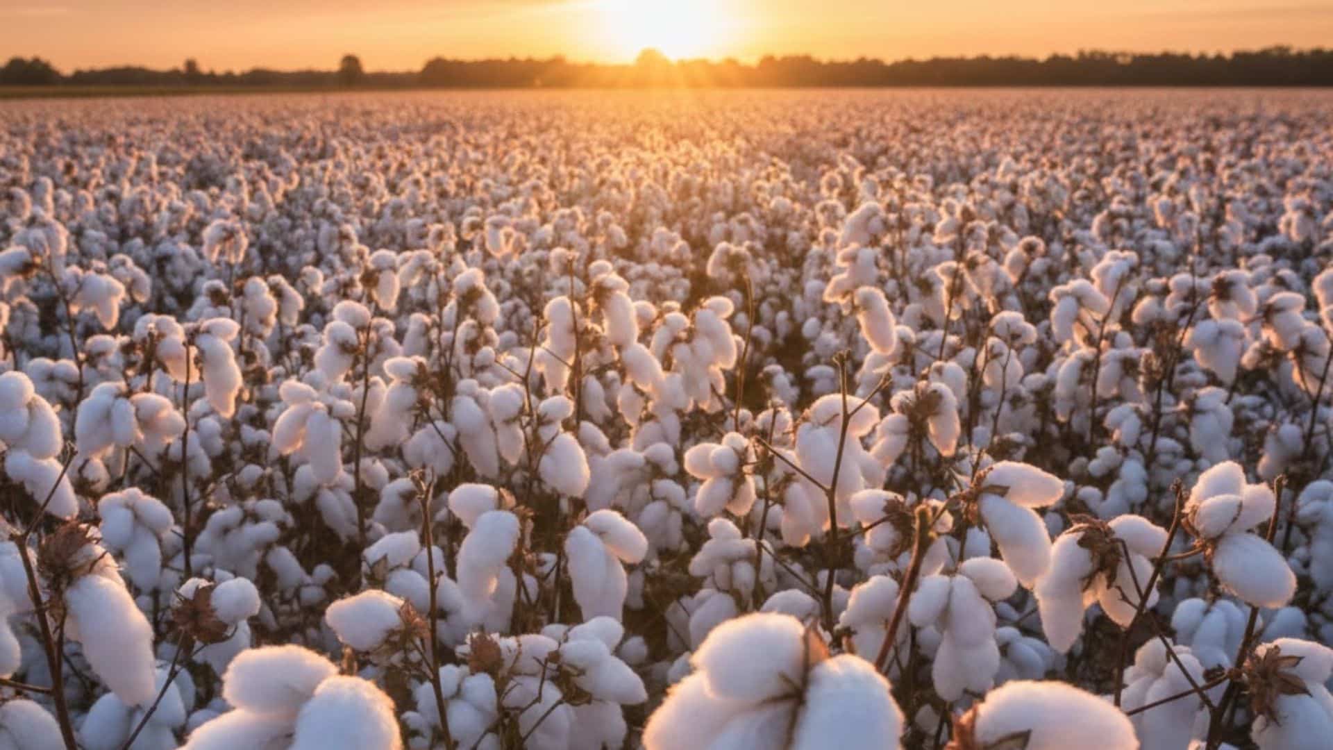 sunlit cotton field filled with white cotton bolls, showing natural fiber growth and the source of Egyptian cotton fabric
