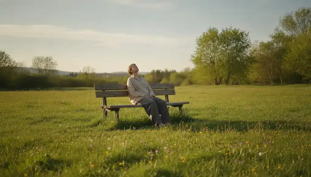 Person sitting on park bench under clear sky in green meadow with scattered trees