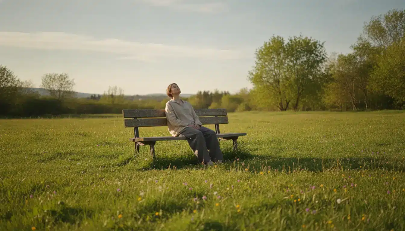 Person sitting on park bench under clear sky in green meadow with scattered trees