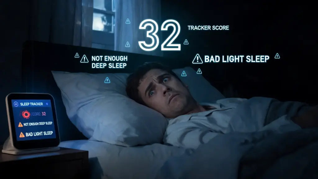 worried person in bed surrounded by disturbing deep sleep myths and glowing tracker warnings at night