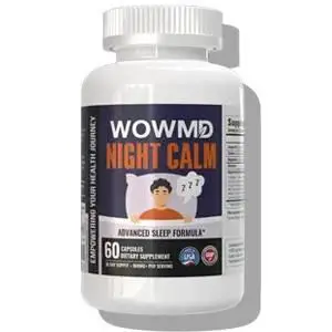 Supplement bottle labeled "Night Calm" with illustration of sleeping person on white background