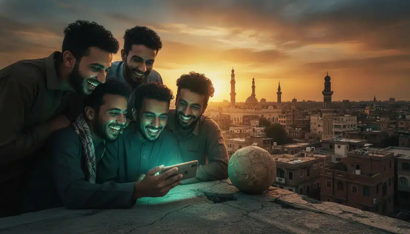 Group of friends smiling at smartphone on rooftop with cityscape and sunset in background