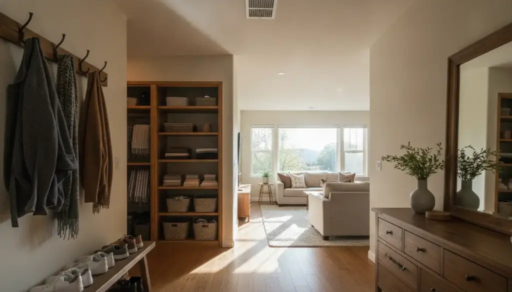 Entryway with coats and shoes beside wooden shelving leading to bright living room with beige sofa