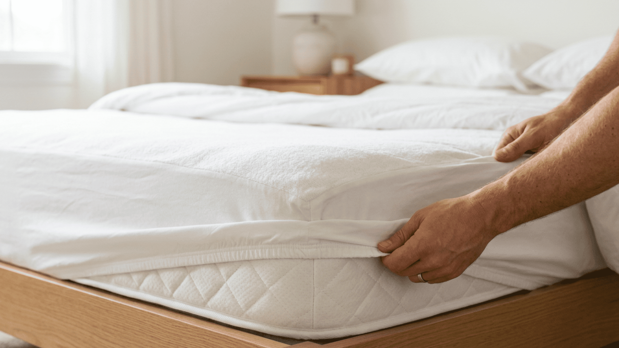 Hands fitting a white mattress protector over a quilted mattress on a wooden bed frame
