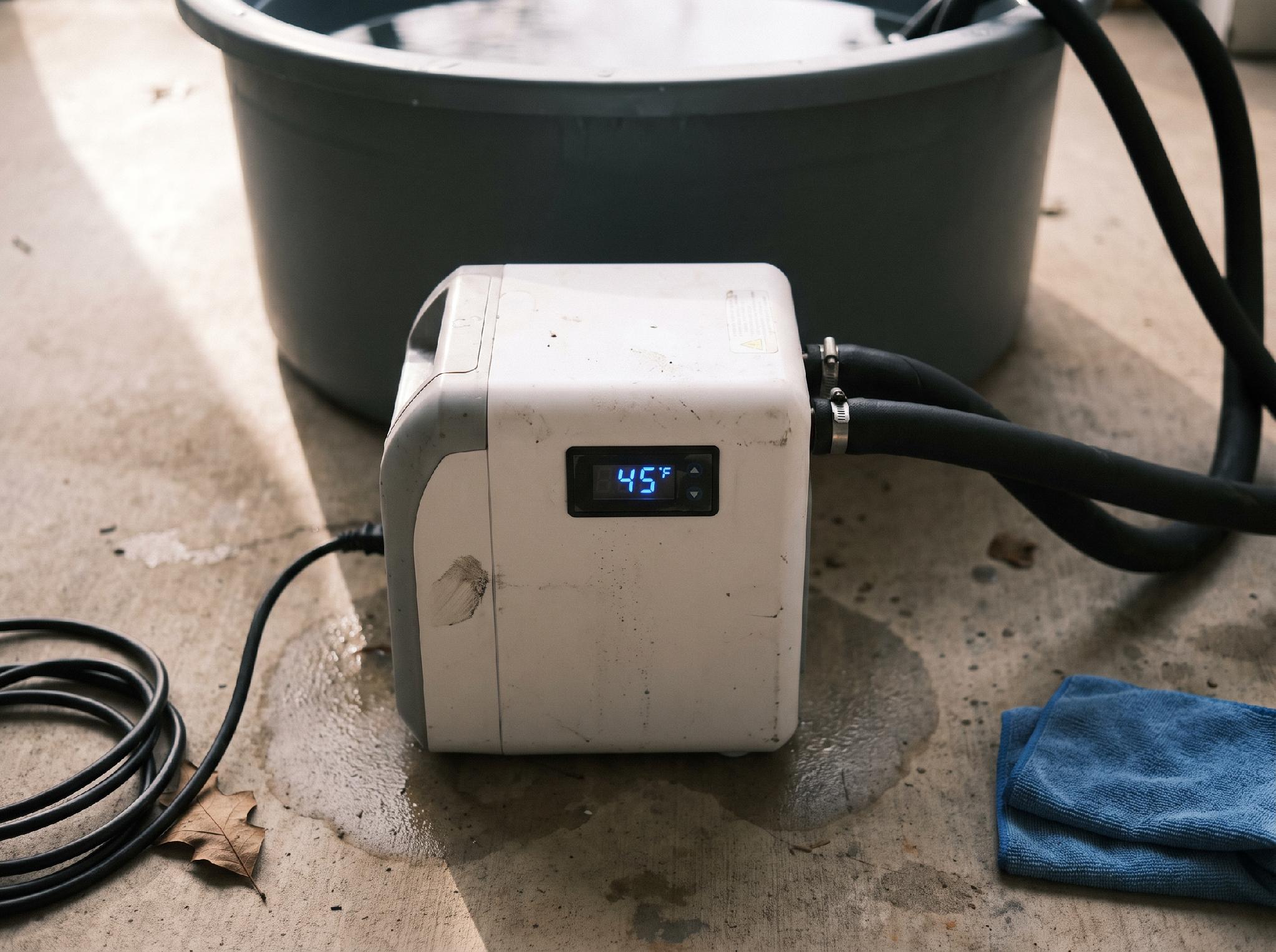A close-up of a compact water chiller unit with a digital temperature display connected via hoses to a plunge tub