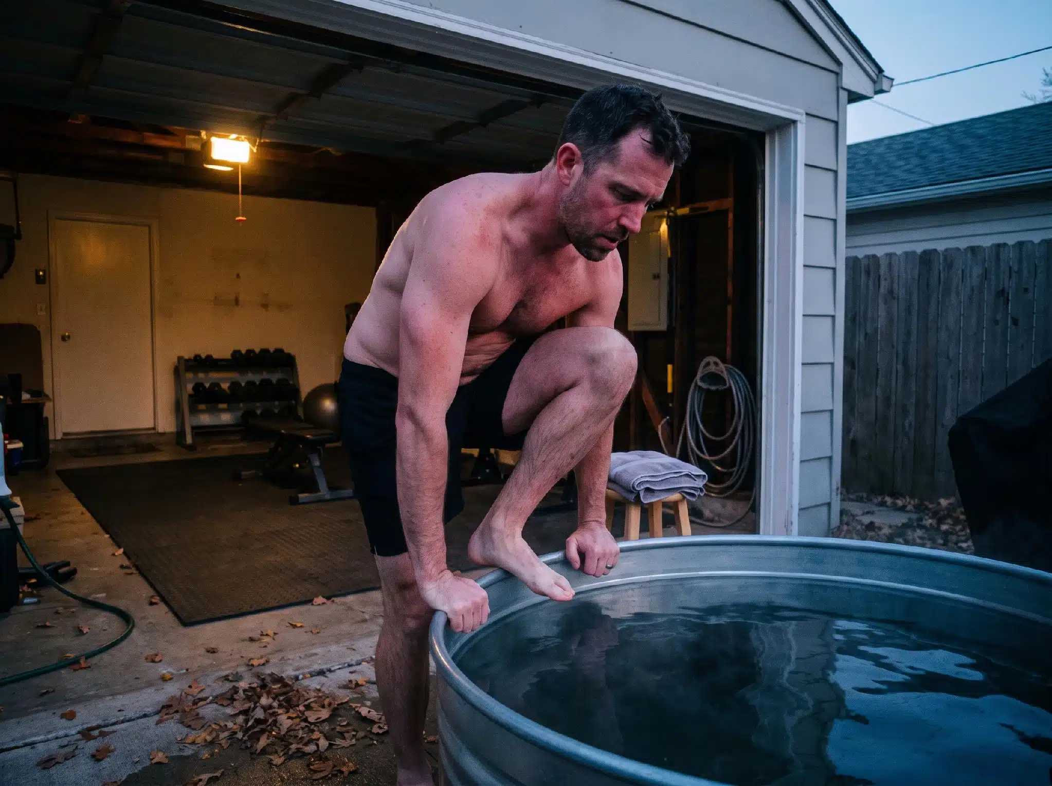 A person stepping into a home ice bath tub in a backyard garage gym at dusk