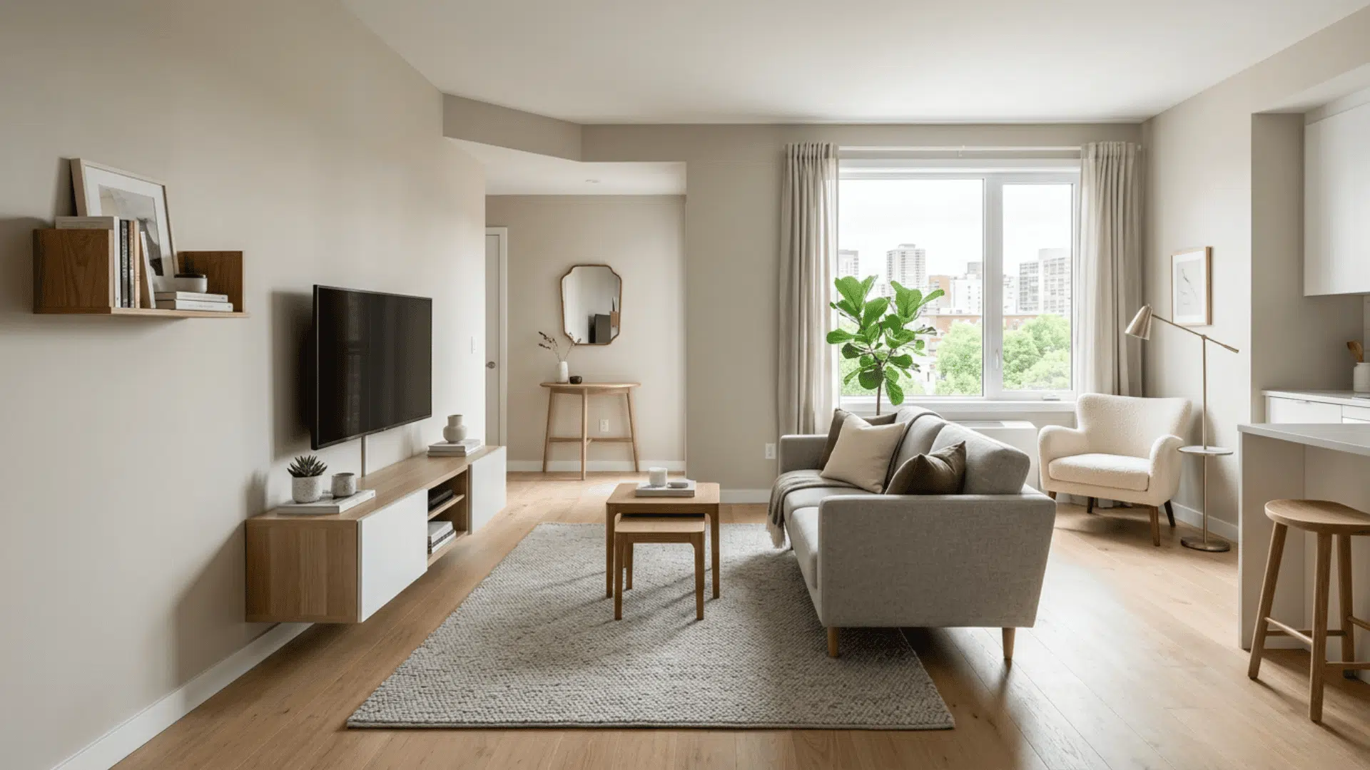 Small open-plan living room with TV, sofa, armchair, and clear walkways