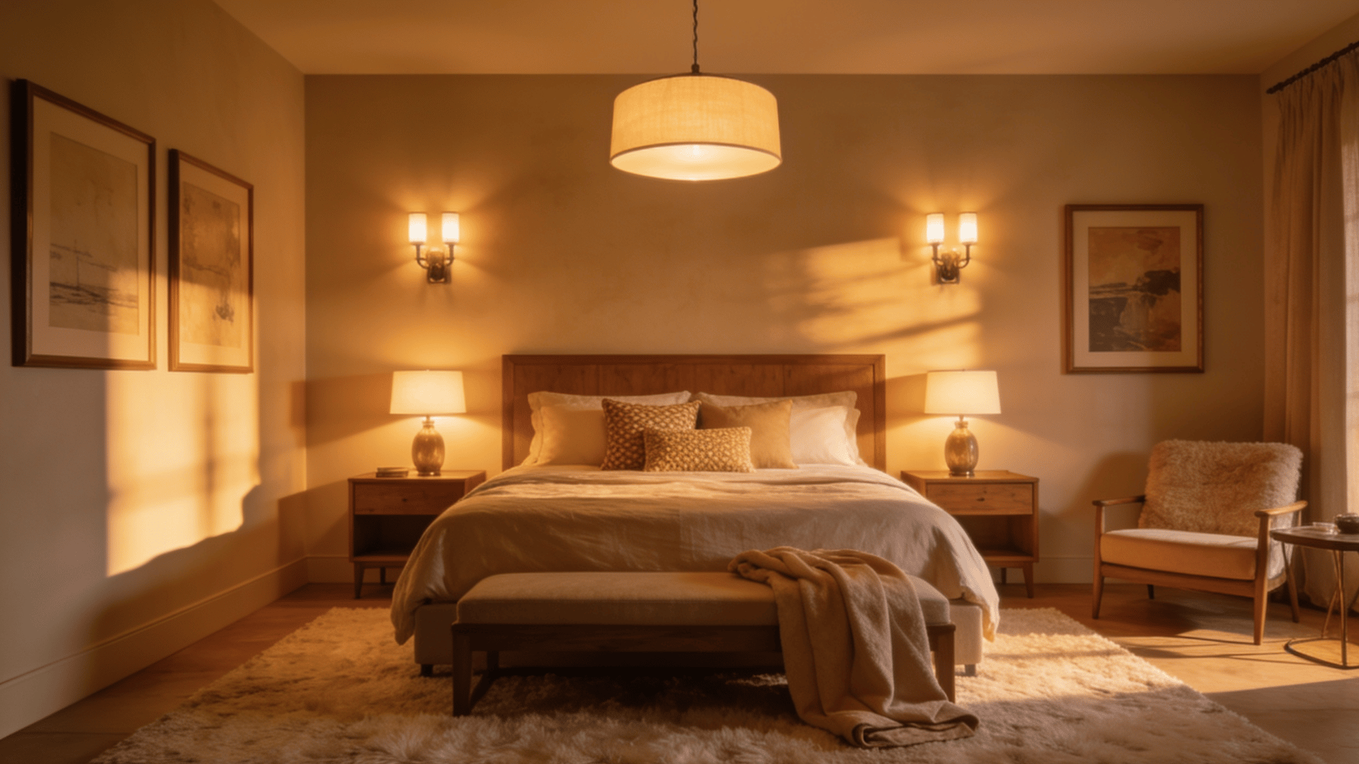 Layered lamps and sconces brighten cozy bedroom