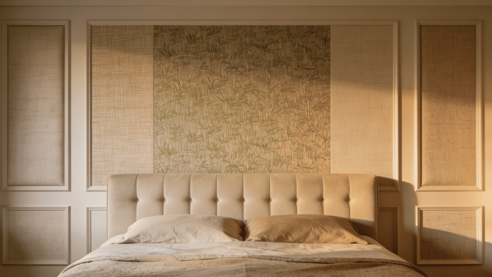 Textured wall panels add depth behind bed