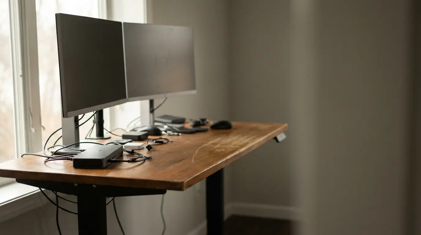 Dual monitors and electronic devices on wooden desk near large window in an office setting