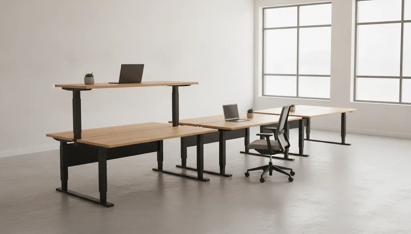 Adjustable wooden desks with laptops and chairs in a bright office space