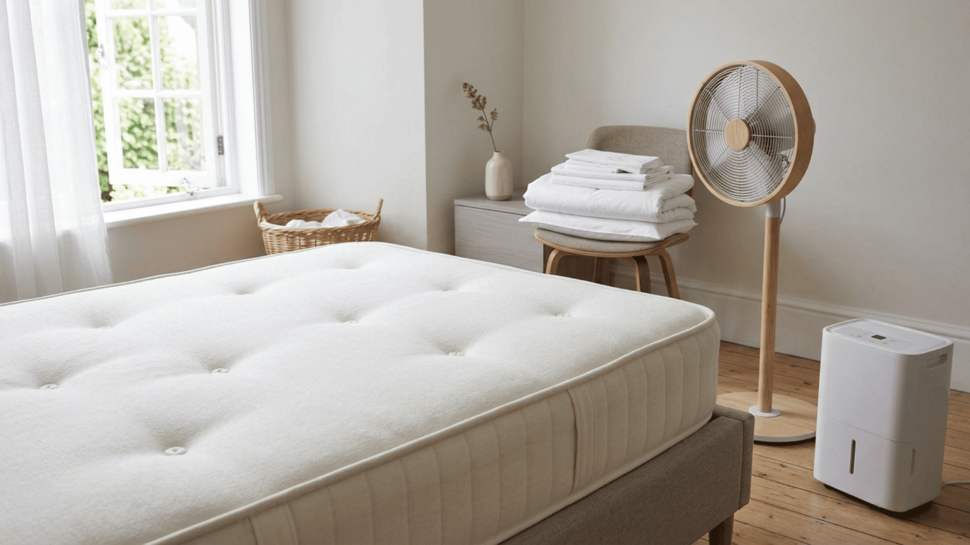 Bare mattress air-drying beside an open window, fan, and dehumidifier.