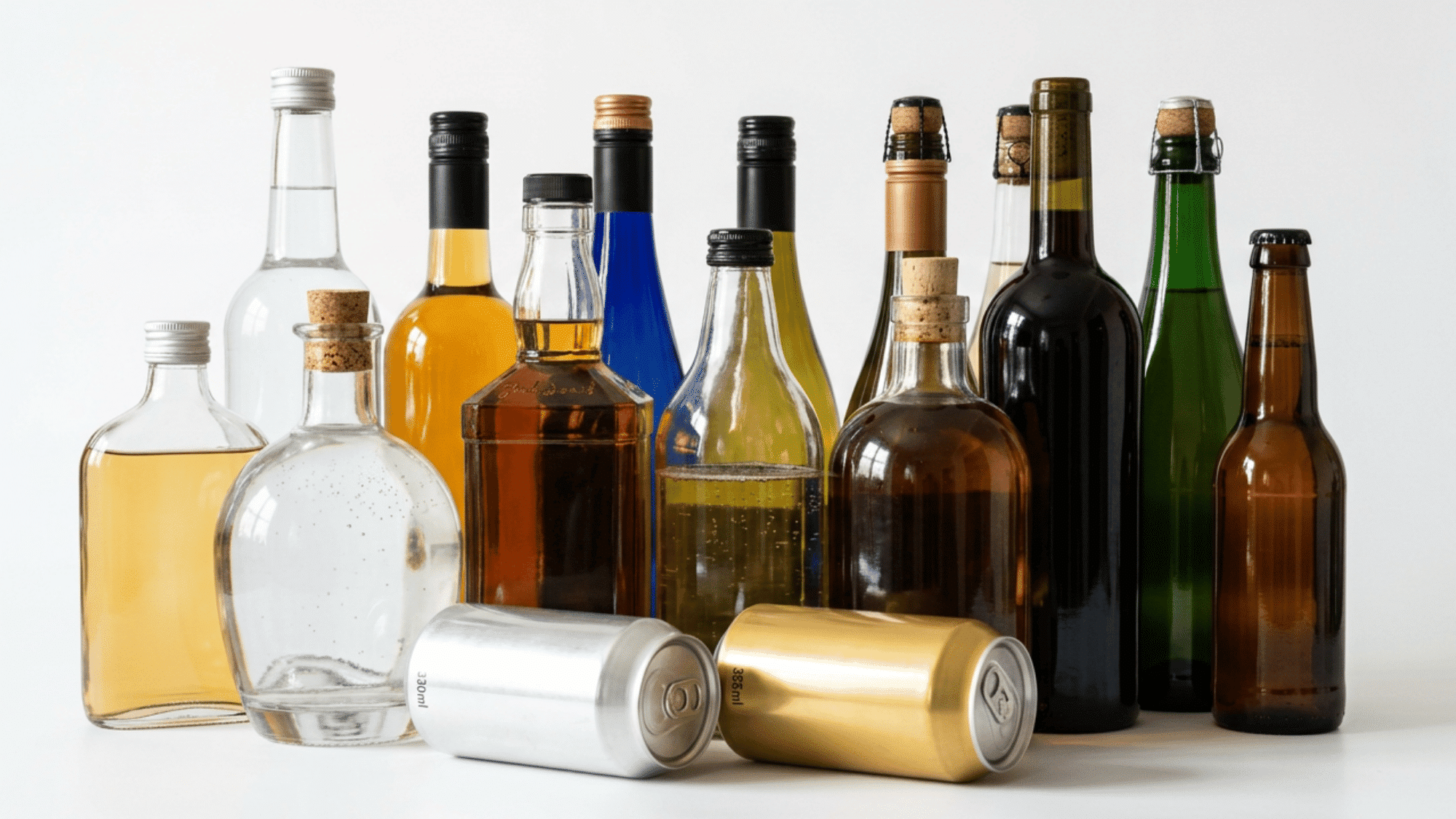Collection of different alcoholic beverage bottles and cans arranged on a plain background.
