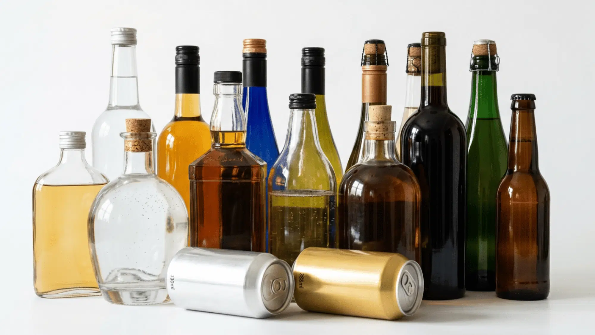 Collection of different alcoholic beverage bottles and cans arranged on a plain background.