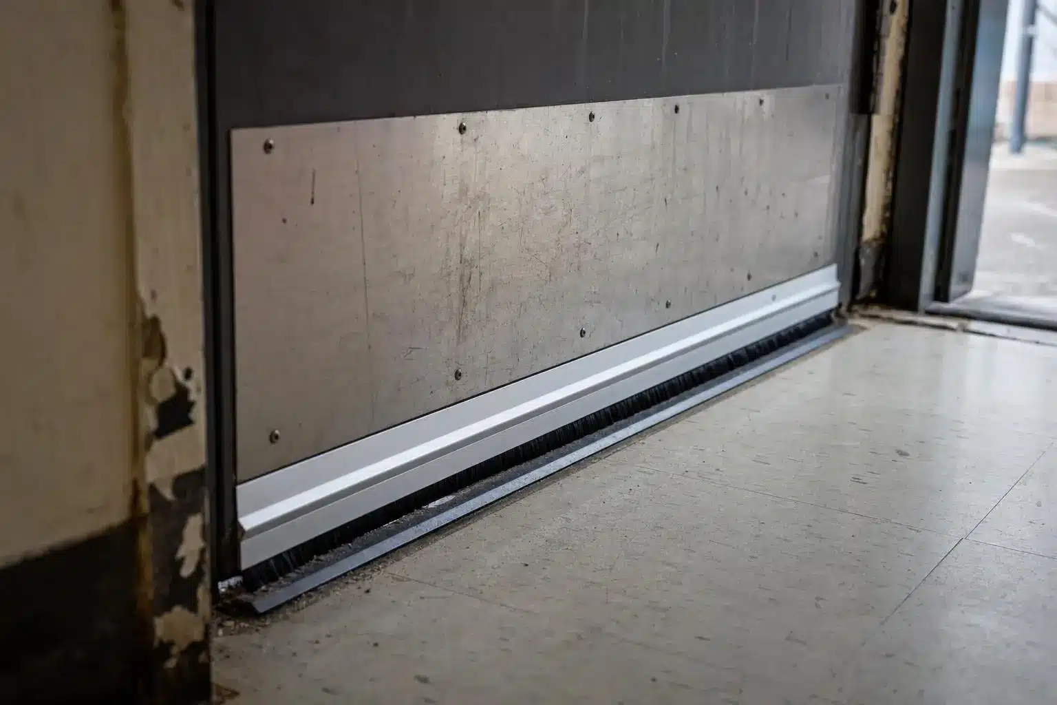 Metal door with brush draft stopper in a worn industrial setting