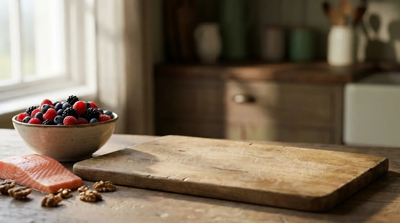 Bowl of mixed berries, salmon fillet, and walnuts on wooden table in sunlit kitchen