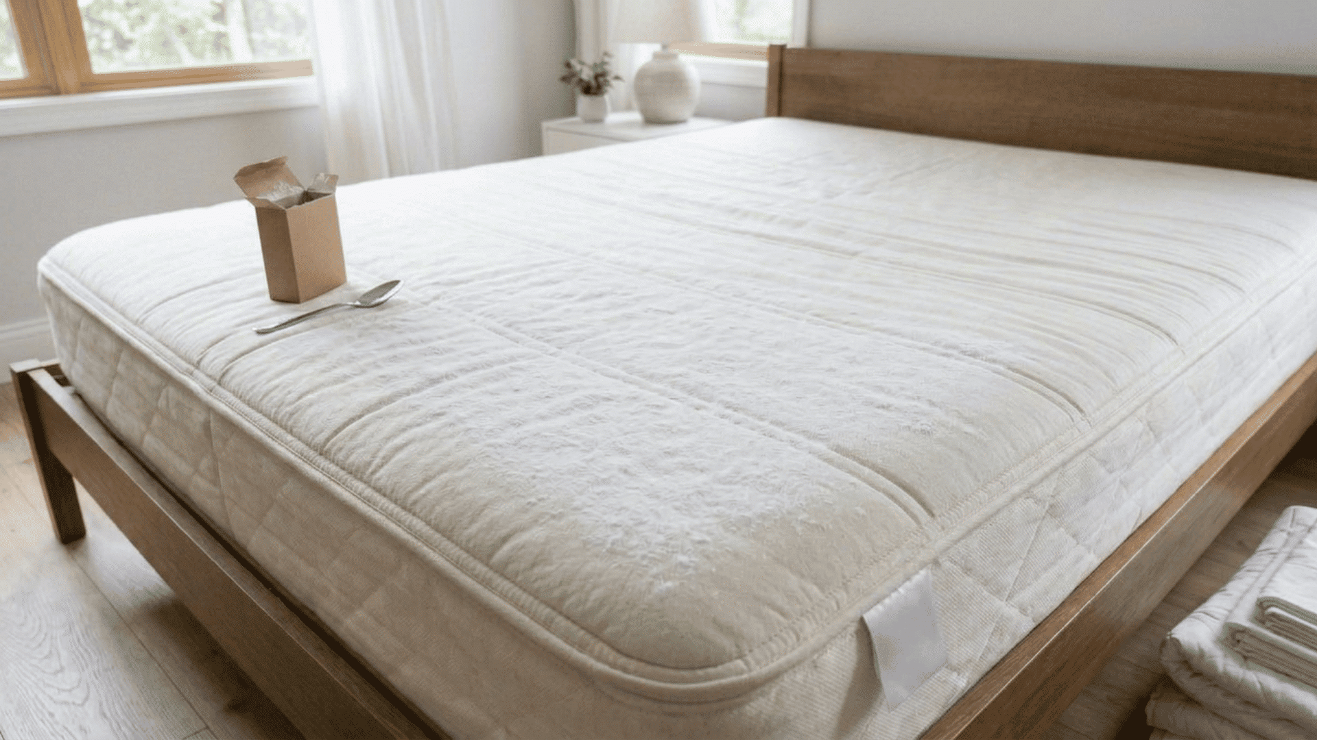 Baking soda spread across a mattress surface for deodorizing