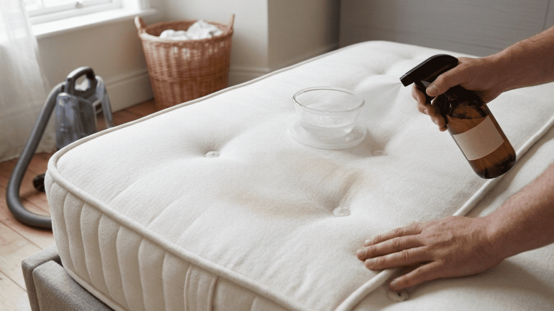Person spraying disinfectant onto a stained white mattress.